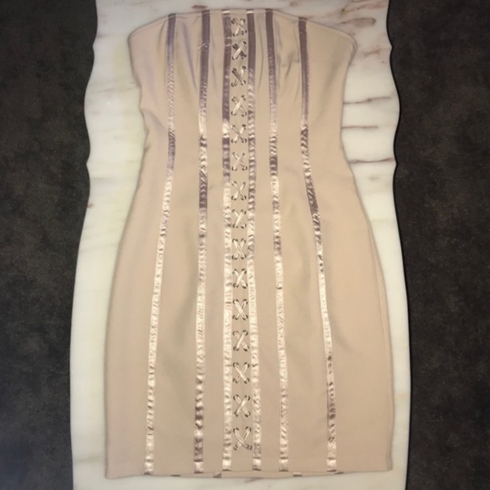 ONE LEFT! Nude Premium Boned Lace Up Bodycon Dress - Picture 6 of 8